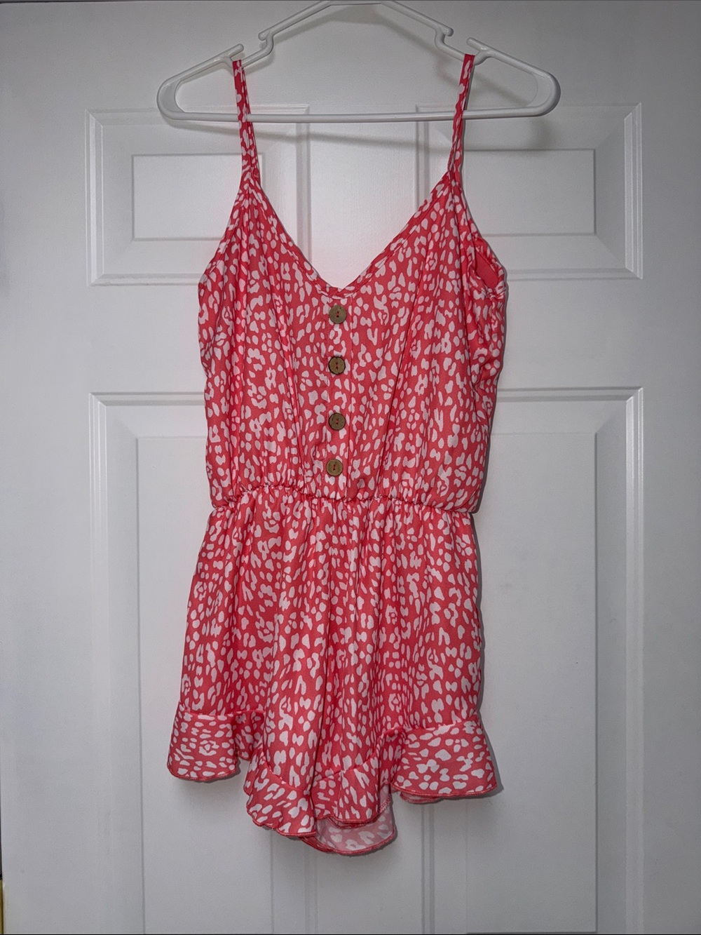 Pink Lily Coral-Pink Printed Spaghetti-Strap Romper